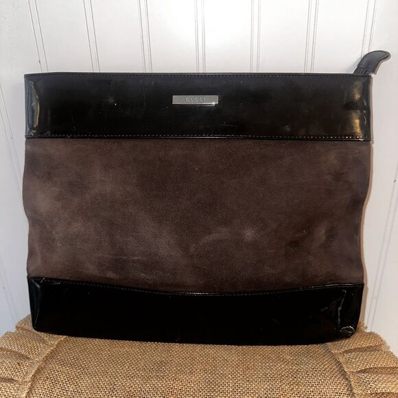 Gucci Vintage Brown Suede Patent Leather Large Clutch Authentic EUC - Picture 1 of 7